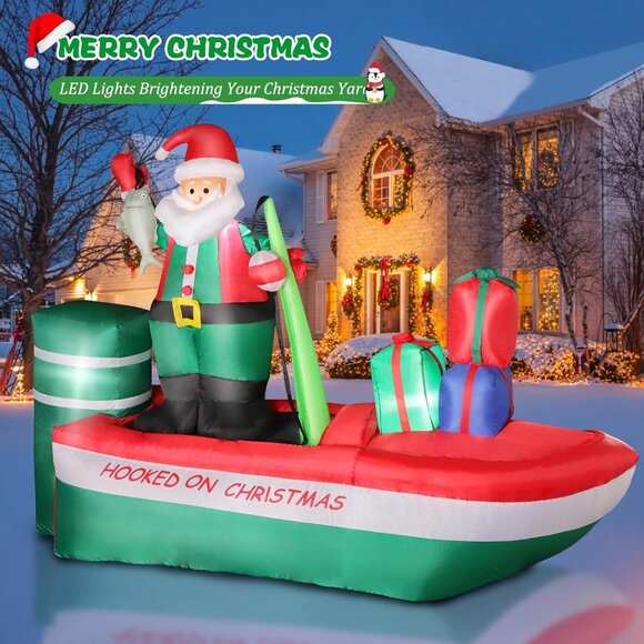 🆕8FT Christmas Inflatables Santa Claus Fishing on a Boat Outdoor Decorations - Picture 5 of 7